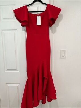 Bold Red Ruffle-Sleeve Midi Dress by Unknown Brand